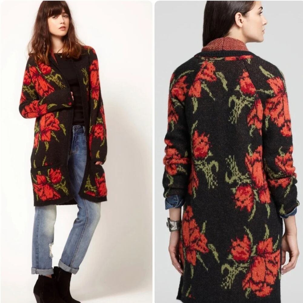 Free People Flower Power Longline Cardigan Sweater Boho Floral Bohemian